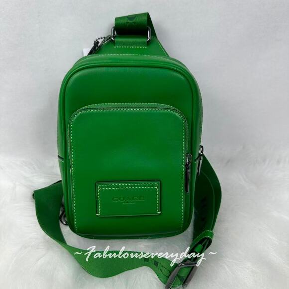 Coach Men's Racer Sling Pack In Leather/Gunmetal/Kelly Green CX071 NWT - Picture 1 of 11